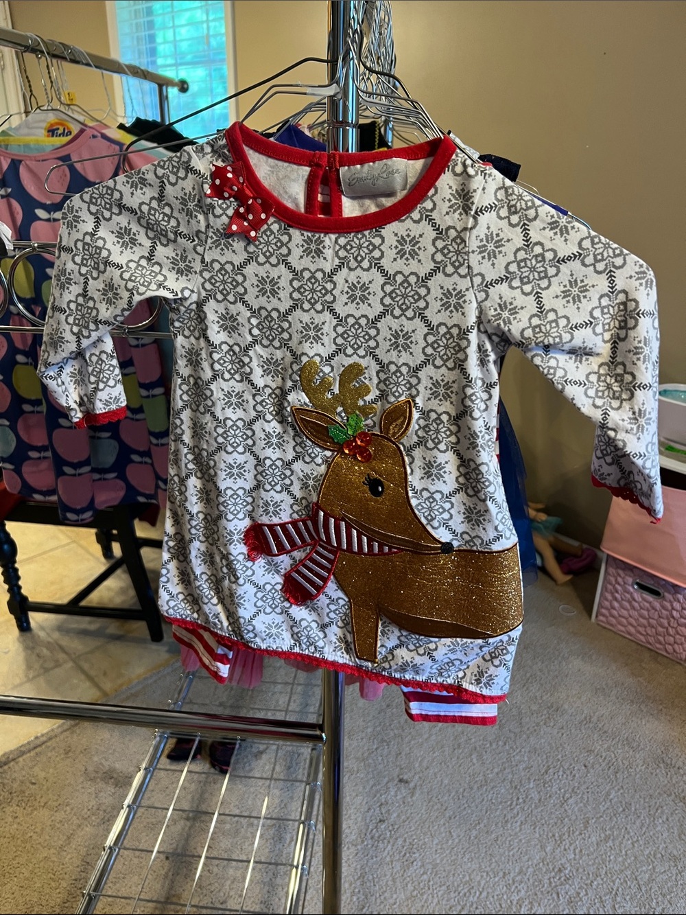 Emily Rose White Long-Sleeve Reindeer Tunic with Gold Applique and Red Trim